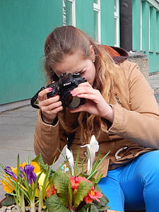 fotograf, Děvče, Tereza, jaro, ženy, fotoaparát - fotografické vybavení, venku