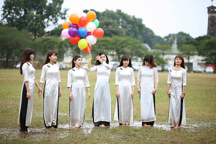 piger, balloner, kvinder, asiatiske, japansk, kinesisk, stående