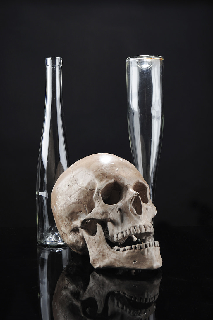 kaukolė, skeletas, butelis, kontrastas, sudėtis