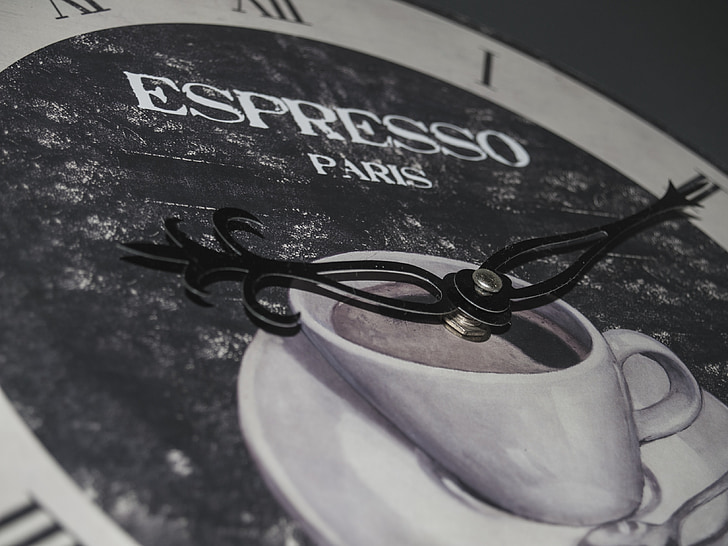 tid, espresso, kaffe, klokke, hender, pause, idyllisk