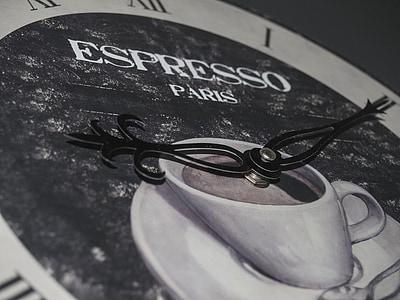 tijd, Espresso, koffie, klok, handen, pauze, idyllische
