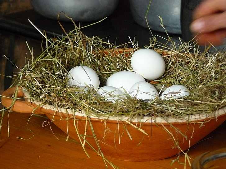 egg, chicken eggs, white eggs, eggs on straw, clay bowl, container, straw