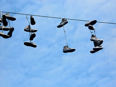 shoes, funny, hang suspended, decoration, sky, hanging, rope
