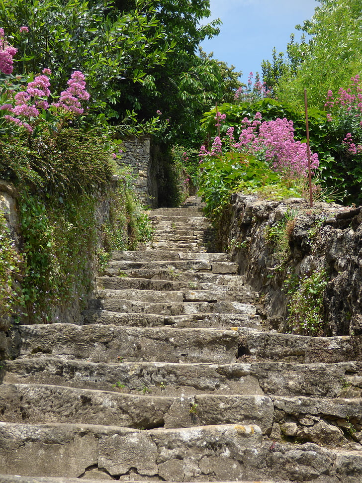 village, staircase, pierre, old village, flowers, footpath, nature