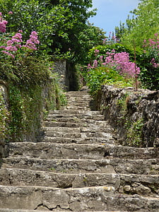 falu, lépcső, Pierre, a régi falu, virágok, gyalogút, természet