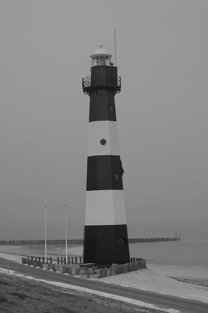 lighthouse, black and white, sea, tower