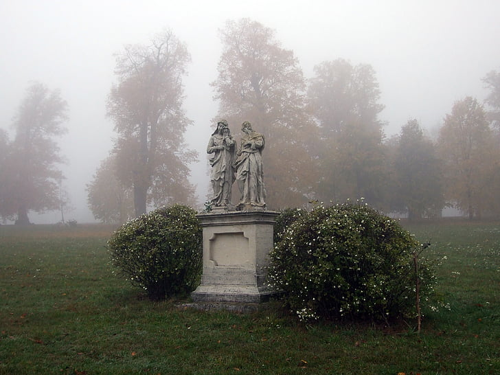 Slovakien, dimma, träd, hösten, staty