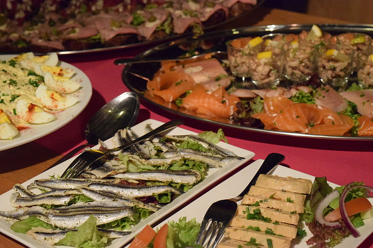 fish, salad, food, buffet