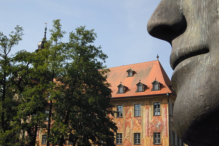 Stadhuis, oude, gebouw, moderne kunst, bronzen beeld, Bamberg