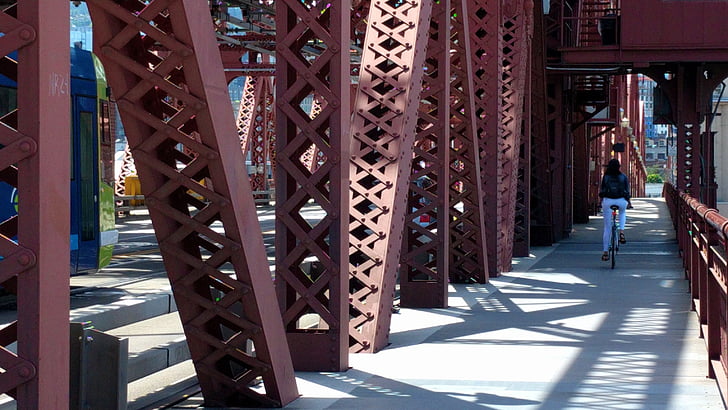 rowerzysta, Broadway most, Czerwony most, jazda na rowerze, chodnik, Most, ścieżka