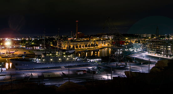 riu, vaixell de guerra, exercici militar, Turku, nit, ciutat, Cigne de Finlàndia