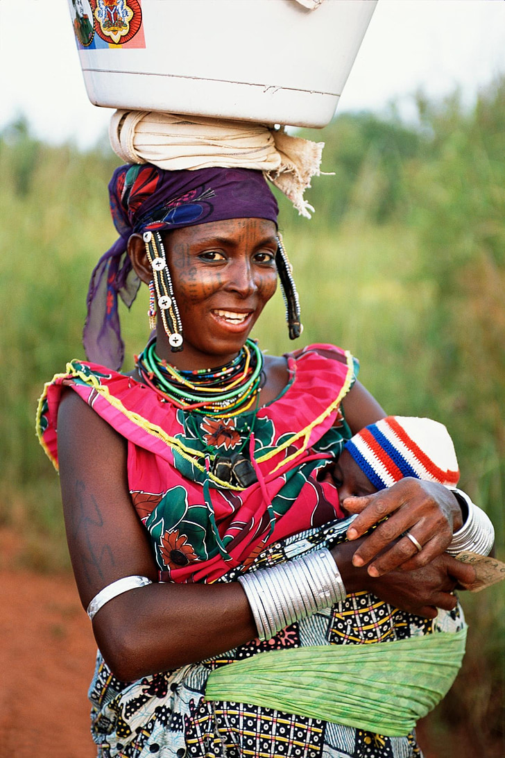 Benin, mulher, bebê, a sorrir, retrato, natureza, do lado de fora