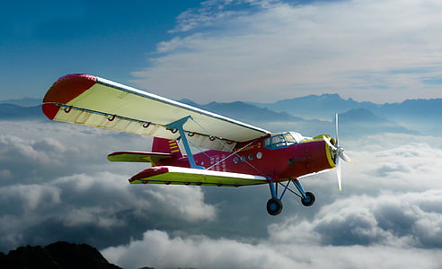 aircraft, double decker, propeller plane, fly, antonov, oldtimer, clouds