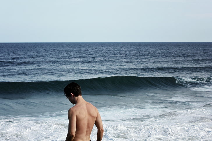 em topless, homem, beira-mar, dia, oceano, mar, água