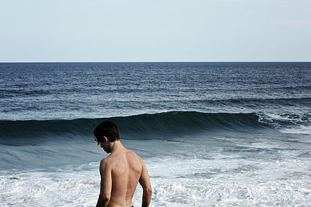 in topless, uomo, Seashore, giorno, oceano, mare, acqua