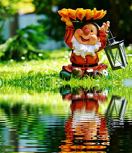 garden gnome, dwarf, lantern, water, bank, mirroring, cute