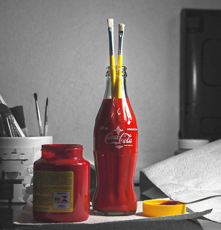 paint, red, coke bottle, color, brush, liquid, bottle