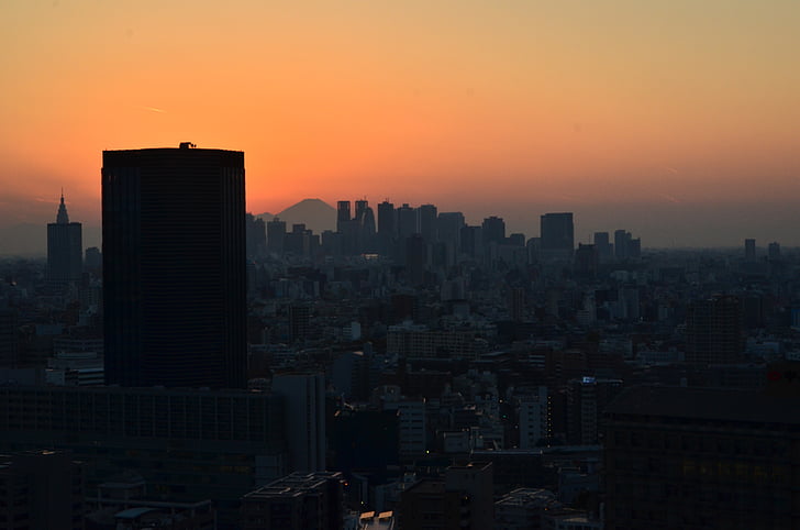budova, Japonsko, Tokio, západ slnka, Panoráma mesta