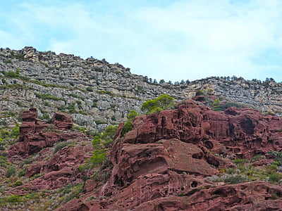 Rock, röd sandsten, Montsant, Priorat, röda klippor, erosion textur