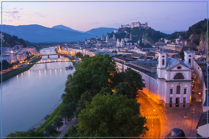 Salzburg, Rakousko, staré město, Mönchberg, pevnost, humboldtterasse, východ slunce