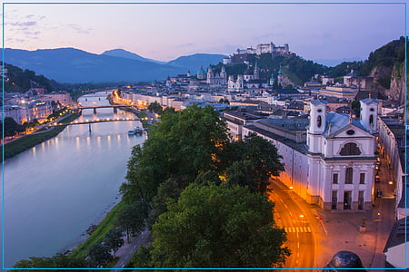 Salzburg, Østrig, gamle bydel, Mönchberg, fæstning, humboldtterasse, solopgang