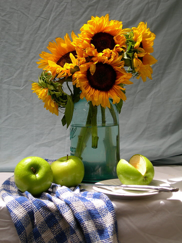 sunflowers, apples, life, still, summer, flower, bouquet