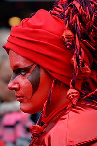 женщина, Карнавал, украшения, краска, красный, одеваются, крупным планом
