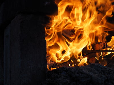 fire, flame, wood, hot, burning, ash, brick fire place