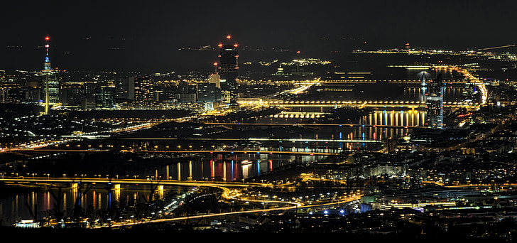 Dunaj, Vídeň, Rakousko, řeka, noční, světla, osvětlené