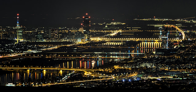 Donau, Wien, Österrike, floden, natt, lampor, belysta