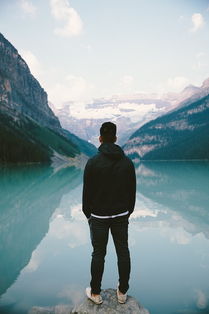 adventure, back, hiker, lake, man, mountains, reflection