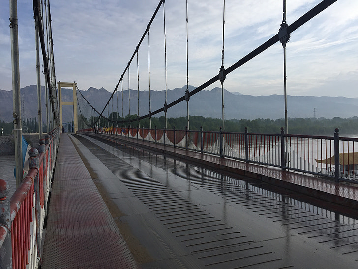 Qinghai, Sárga-folyó, Napkelte, híd - ember által létrehozott építmény, függőhíd, természet, a szabadban
