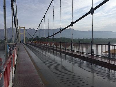 Qinghai, Río amarillo, salida del sol, Puente - hombre hecho estructura, Puente de la suspensión, naturaleza, al aire libre