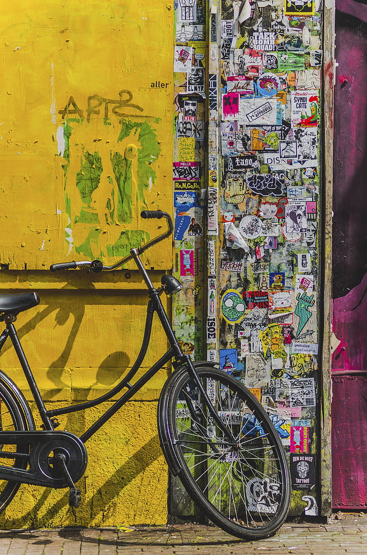 bicycle, bike, aesthetic, stickers, vandalism, paper, sign
