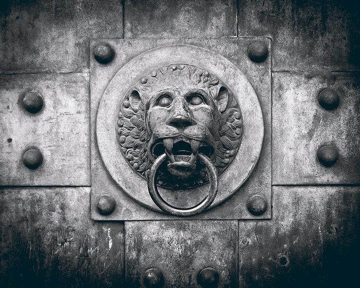 πόρτα, doorknocker, μέταλλο, Είσοδος, παλιά, λιοντάρι, λαβή