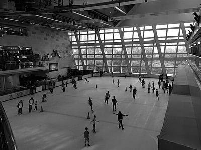 grayscale, photo, ice, skating, ring, rink, sports