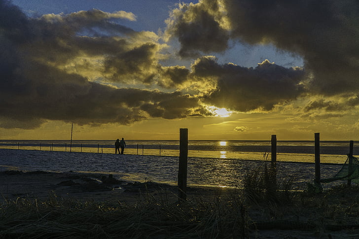 günbatımı, Wadden Denizi, Norddeich, Güneş, bulutlar, Akşam gökyüzü, abendstimmung