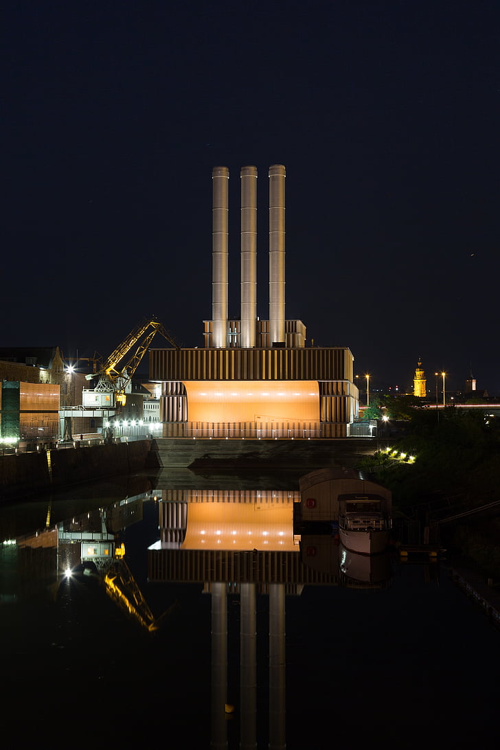 Würzburg, müllheizkraftwerk, Tyskland, huvudsakliga, natt fotografi