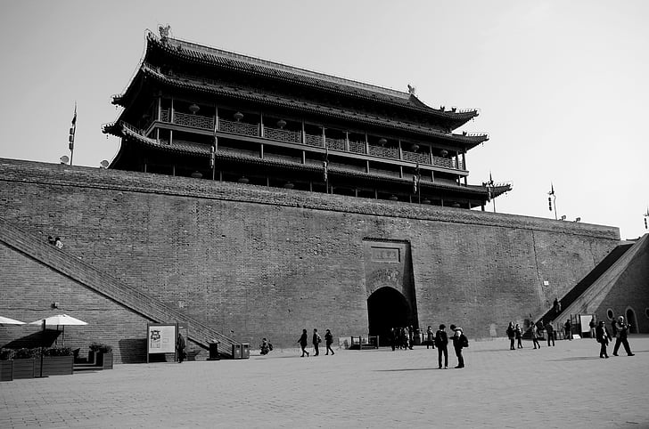XI ' un, blanco y negro, Muralla de la ciudad antigua, lugar famoso, Asia, culturas, arquitectura