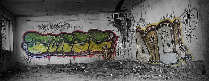 edifício, velho, área militar, as ruínas do, grafite