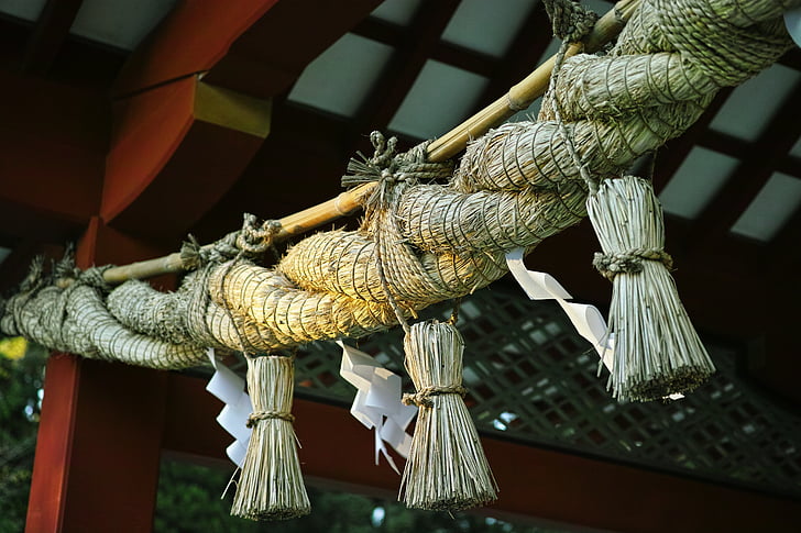 shimenawa, šventykla., Šventoji, Japonija, virvė, kabo, susieti mazgas