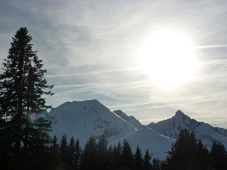 mountains, wintry, winter, alpine, sun, back light, sky