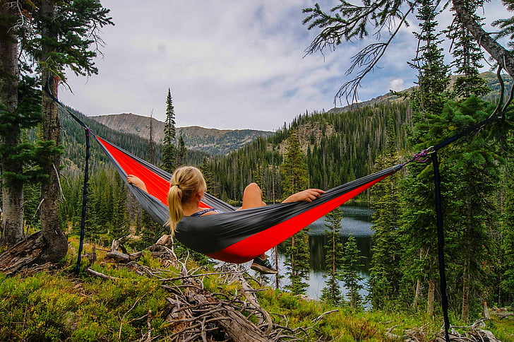 adventure, camping, forest, girl, hammock, hiking, mountains