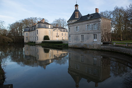 slottet av malicorne, Sarthe, vattenplanen, arkitektur, floden, vatten, reflektion