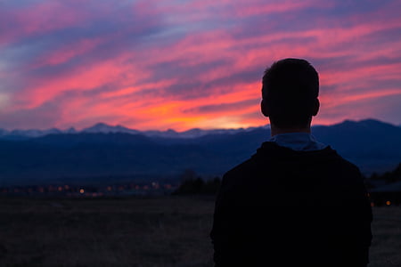 man, standing, field, looking, sunset, mountain, highland