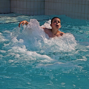 Dreng, ubekymret, Glædelig, vand, spille, blå, svømning