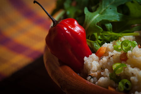 chili pepper, cous cous, food, healthy cooking, pepper, rice, rucola