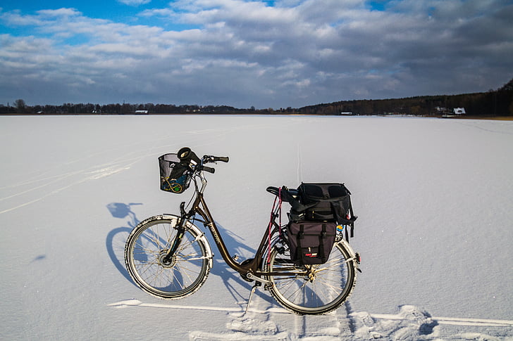cykel, vinter, sjön, snö, fryst, vintrig