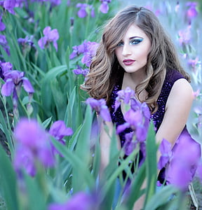 fată, mov, flori, Iris, blonda, frumusete, natura