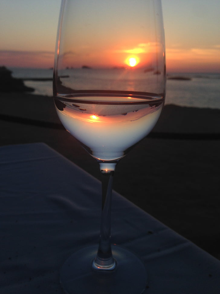 anggur, kaca, gelas anggur, matahari terbenam, laut
